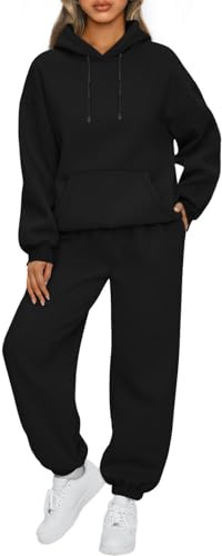 NLAND Tuta Donna Invernale Completa 2 Pezzi Tute Casa Caldo Completo Tute da Donna Vello Foderato Pullover Felpa Cappuccio e Pantaloni Sportiva,Nero L