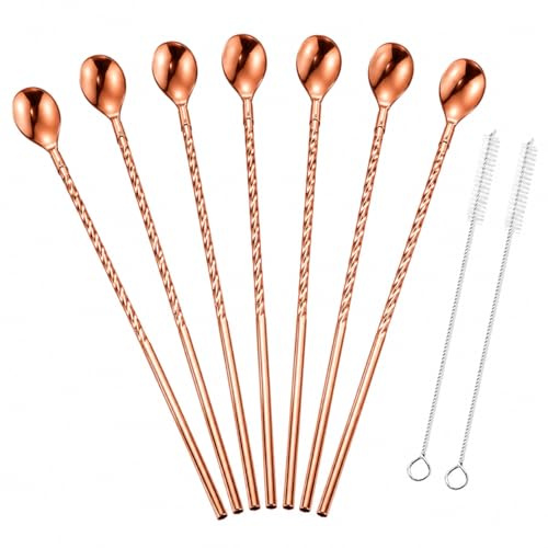 6 Stück Trinkhalm Löffel Edelstahl, 2 in 1 Roségold Set | 304 Edelstahl, 21,7 cm, mit 2 Reinigungsbürsten, für Cocktail, Latte Macchiato, Bubble Tea, Smoothie und Dessert
