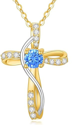 Rikelus 375/9K Echtgold Moissanit Kreuz Halskette für Damen, Gelbgold/Weißgold 5A Meerblau Zirkonia Kreuz Anhänger Halskette,Religiöses Schmuckgeschenk,Jahrestag Geburtstag für Ehefrau Mutter,40+5cm