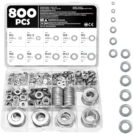Washers for Screws, 800PCS Stainless Steel Washers with M2 M2.5 M3 M4 M5 M6 M8 M10 M12 M14, 10 Sizes of Metal Washer Set Assorted for DIY Home Repair Construction