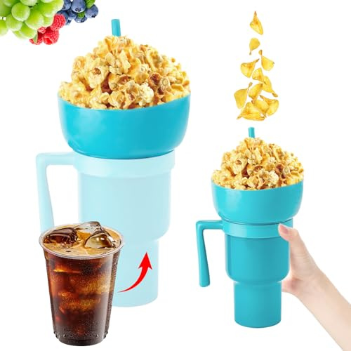 2 In 1 Cup Trinkbecher Snackteller mit Strohhalm Partybecher Plastikbecher Stanley-Cup Zum Ansehen Von Filmen Und Sport Mehrwegbecher, Für Pommes Frites, Popcorn, Eiscreme, Süßigkeiten, Chips