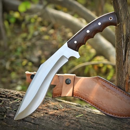 TATLA CRAFT Kukri Survival Knife with Sheath, 15 Full Tang Fixed Blade D2 Steel Hunting Knife with Wood Handle for Survival and Bushcraft Outdoor Activities, Camping Gifts for Men.