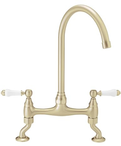 ENKI KT132 Astbury Deck Mounted Traditional Kitchen Tap, Brushed Brass | Solid Brass, Ceramic Disc Valve, Swivel Spout, Easy Install, Fittings Included, 1-Year Guarantee, Kitchen Sink Tap, Swan Neck