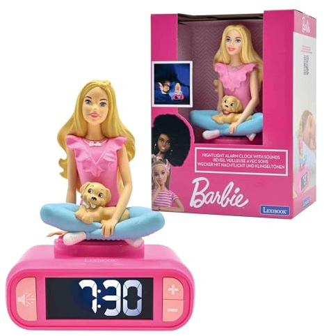 Lexibook, Mattel Barbie, Réveil veilleuse Barbie, Sons et mélodies, Ecran LCD rétro-éclairé, Lumineux, Snooze, Rose, RL800BBLXB