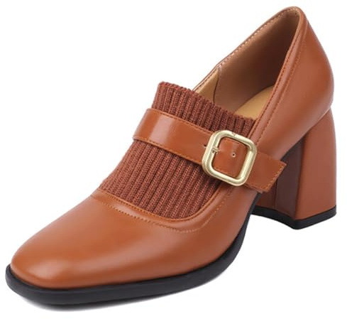 Eestfy Décolleté Mary Jane da Donna Punta Quadrata Tacco Alto Largo con Fibbia Dorata e Design in Maglia Stile Vintage Elegante per Lavoro e Occasioni Formali,Marrone,37 EU