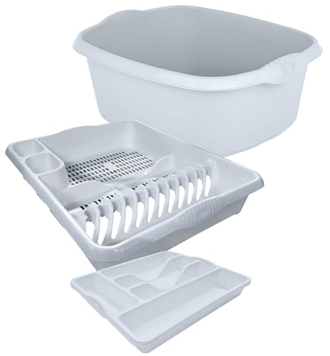 KetoPlastics White 3 Piece Kitchen Set - Washing Up Bowl, Cutlery Tray, Large Dish Drainer For Home Kitchen - Made in UK