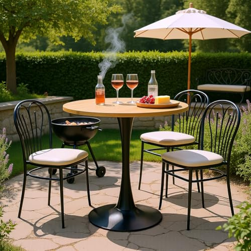 FURNISH 1 Runder Bistrotisch für den Außenbereich, hergestellt aus technischem Holz und Metall, bequemer Outdoortisch für Kaffeepausen und leichte Mahlzeiten im Garten oder auf der Terrasse