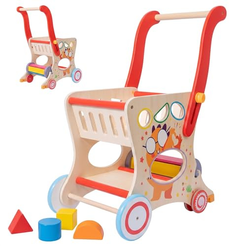 Lauflernwagen Baby Holz ab 1 Jahr, Baby Walker mit Motorikspielzeug und Bauklötzen, Laufhilfe Baby und Lauflernhilfe, Laufwagen Baby mit Formsortierer, Holzspielzeug für Kleinkinder
