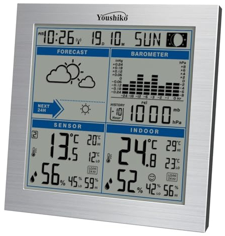 Youshiko Large Wireless Weather Station, Radio Controlled Clock (2026 UK Version), Indoor Outdoor Temperature Thermometer, Humidity, Barometric Pressure, Maximum & Minimum with 24 Hour Auto Reset