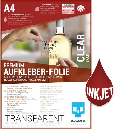 SKULLPAPER® Klebefolie Vinylfolie zum aufkleben und selbst gestalten - für Inkjet Tintenstrahldrucker (Transparent)