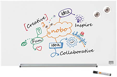 Nobo Glas Magnet-Whiteboard mit herausnehmbarem Stiftehalter, 677 x 381 mm, InvisaMount Befestigungssystem, Impression Pro, Brillantweiß, 1905175