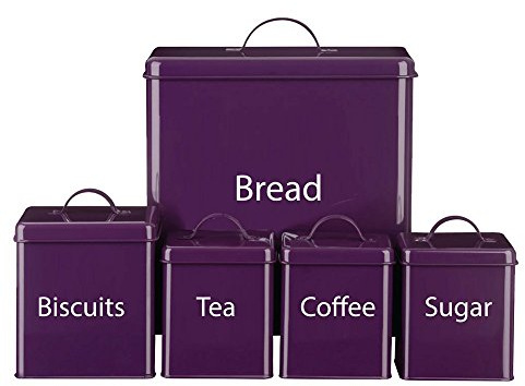 Denny International® 5 Piece Kitchen Storage Includes Bread Bin Biscuit Tea Coffee Sugar Caddy Tins Containers Canister Storage Jars Pots Set (Purple)
