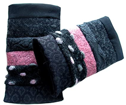 Stulpen, Pulswärmer, genäht, gefüttert,schwarz,rosa,Wolle, Baumwolle