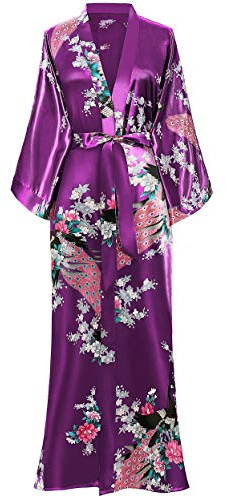 BABEYOND Vestaglia lunga da donna/ragazza in raso, kimono/accappatoio estivo con motivo floreale stampato, per pigiama party, Viola scuro, taglia unica