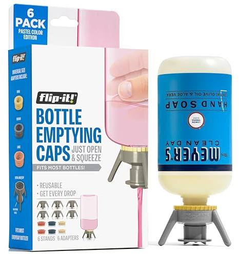Flip-It! Bottle Emptying Kit – 6 Bottle Pack - No more wasted product - Fits most plastic bottles – 6 Base Caps, 6 Adapters – Pastel Color Edition