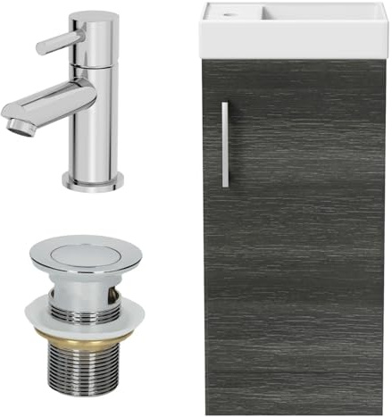 AURORA® 400mm Bathroom Vanity Unit Ceramic Wash Sink Floorstanding Storage Cabinet Reversible Soft Close Cupboard & Malmo Basin Mixer Tap & Waste Set, Charcoal Grey