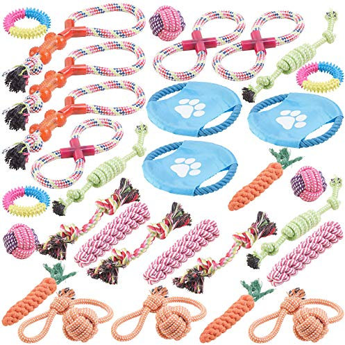 Sweetypet Hunde-Spielset: 30er-Set Bunte Hundespielzeuge aus Baumwolle zum Kauen und Toben (Hunde-Spielzeugset, Wurfspielzeuge)