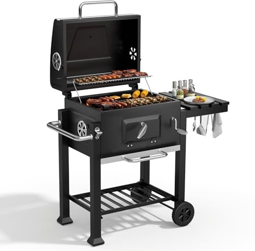 Barbecue Grill, XL Portable Charcoal BBQ Grill with Wheels & Folding Table, Warming Rack, Thermometer & Adjustable Charcoal Pan, Large Barbeque Grill Outdoor Smoker for Party, Patio, Home Cooking