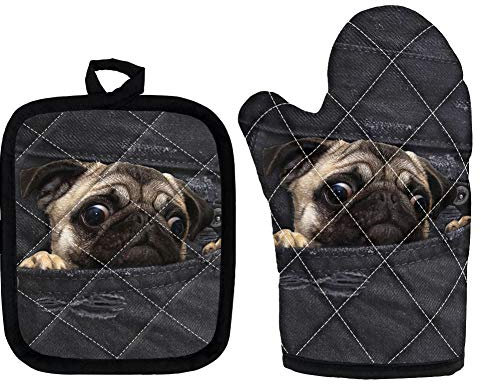 HUGS IDEA Ofenhandschuhe mit lustigem Mops-Motiv, hitzebeständig, zum Kochen, Backen, Grillen, Topfhalter, mit hitzebeständigem Untersetzer