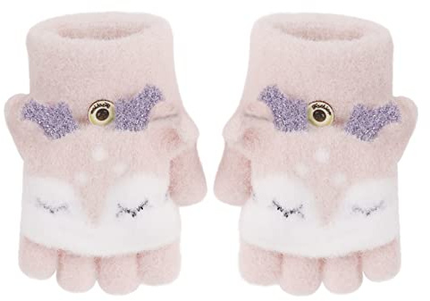 JIAHFR Gants Tricotés d'hiver pour Enfants 3-6 Ans Mitaines Motif de Renard Mignon Gants Demi-Doigts à Rabat 2 Usages Doux Chaud pour Filles et Garçons