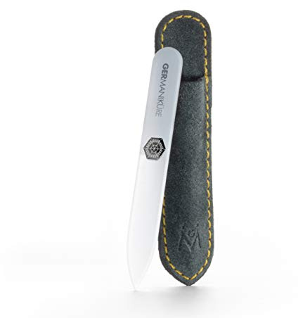 GERMANIKURE Czech Crystal Gray Glass Nail File in Suede Leather Case - Small Travel Design - Professional Manicure & Pedicure Products for Smooth Easy Shaping of Natural Nails