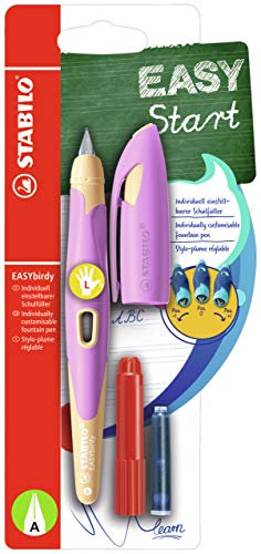 STABILO - Ergonomischer Schulfüller für Linkshänder mit Anfänger-Feder A - EASYbirdy Pastel soft pink/apricot - inkl. Patrone und Einstellwerkzeug - blau (löschbar)