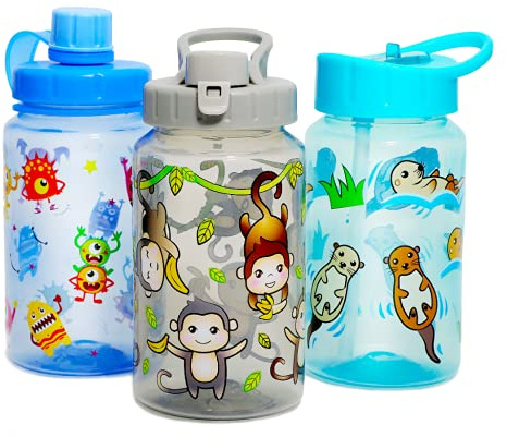 Home Tune 3 Pack 16oz Kid Water Drinking Bottle - BPA Free, Flip Straw Cap, Carry Loop, Chug Lid, Wide Mouth, Lightweight, Leak-Proof Water Bottle with Cute Design For Girls & Boys - Animals