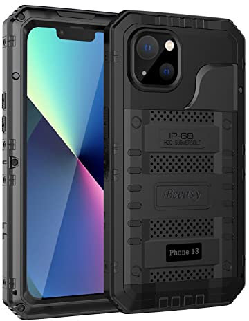 Beeasy für iPhone 13 Wasserdicht Outdoor Hülle (6,1), Stoßfest Panzerhülle Militär 360 Grad Schutzhülle mit Displayschutz, Robust Metall Heavy Duty Handyhülle iPhone 13 Case, Schwarz