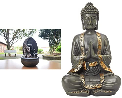 Zen'Light Fuente Buda Grace, Resina, Bronce, 26 x 26 x 40 cm + Grande Estatua Buda mediación, Resina, Bonze, 37.5 x 15 x 24 cm