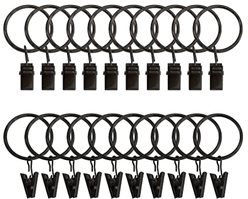 20 anillos de cortina de metal con clips, anillos de cortina de ducha de 32 mm de diámetro interior con clips y ganchos de metal, clips de anillo de cortina resistentes para barras (negro)