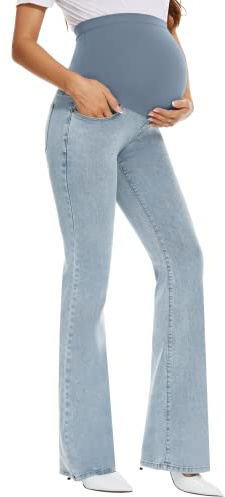 GLAMIX Jeans elásticos de Maternidad con Bolsillos sobre la Campana del Vientre, Pantalones Demin Acampanados, Ropa de Embarazo, Azul/Claro, Large