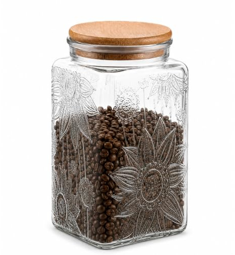 ANSQU Vintage Glass Airtight Storage Jar, 1000ml Glass Food Storage Containers with Bamboo Wooden Lid, Airtight Cookie Jars for Kitchen Counter, Pantry, Cookie, Coffee, Tea, Sugar (Square, Sunflower) | Coffee Grounds Container, Glass Food Storage Container for Candy, Tea, Sugar, Decorative Mason Jar