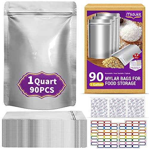 90 st Mylar-påsar med syreabsorption för förvaring av livsmedel, 1 kvarts 15 x 22 cm, 8,6 mil, mylar-påse, liten med syreabsorber 9000 CC, värmeförsegling och återförslutningsbar