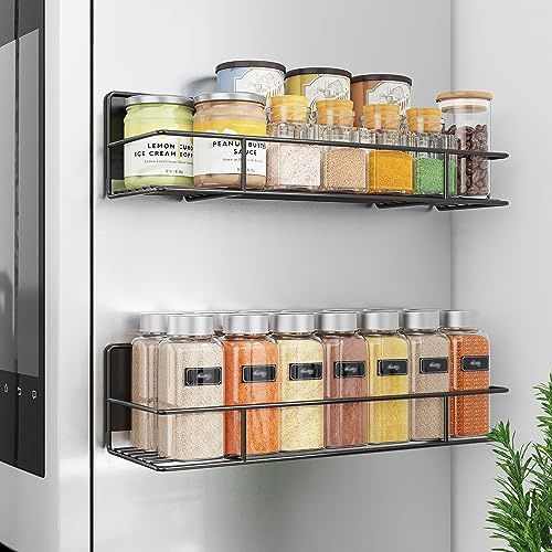 Golden Bell Magnetisches Gewürzregal ohne Bohren für Kühlschrank, 2er Pack Gewürzhalter Schwarz aus Metall, Platzsparender Küchenorganizer Magnetregal für Gewürzdosen, Küchenregal Kühlschrankregal