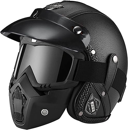 Pu-Lederhelme Motorrad Chopper Fahrradhelm Open Face Vintage Motorradhelm Schutzbrille Integralhelm Motorrad A,L59-60CM