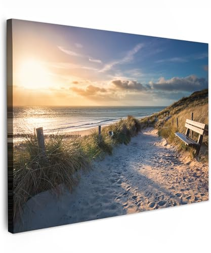MuchoWow© Leinwand Bilder Wanddeko Wohnzimmer Aesthetic Room Decor Deko | 80x60 cm - Zimmer Wandbilder Modern Fotogeschenke Sonnenuntergang - Strand und Meer - Düne - Gras - Bank - Sonne