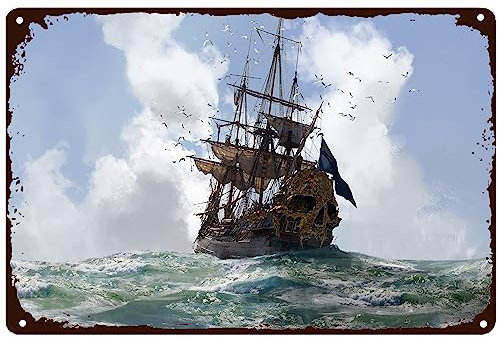 Piratenschiff, rustikale Metallschilder A Ship Sailing In A Stormy Ocean, lustige Piraten-Metall-Retro-Wanddekoration für Zuhause, Bar, Pub, Club, Strand, Männerhöhle, Garage, 20 x 30 cm