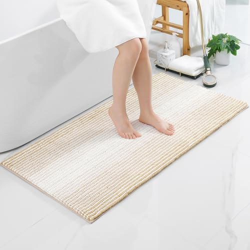 OLANLY Chenille Badezimmerteppich Weich Saugfähige Badematte rutschfest Badteppich Mikrofaser Badvorleger Waschbar Duschvorleger für Badezimmer - 60 x 120 cm, Beige