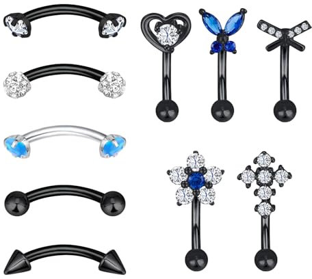 Longbeauty 16G Edelstahl Bananabells Gebogen Barbell Piercing Zirkonia Lippen Augenbrauen Labret Septum Bauch Ring, 10 Stk, Schwarz