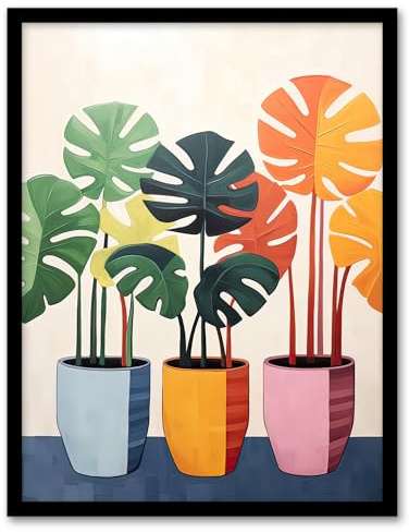 Artery8 Trio of Colourful Monstera Cheese Plant Pots Botanical Oil Painting Artwork Framed Wall Art Print 18X24 Inch