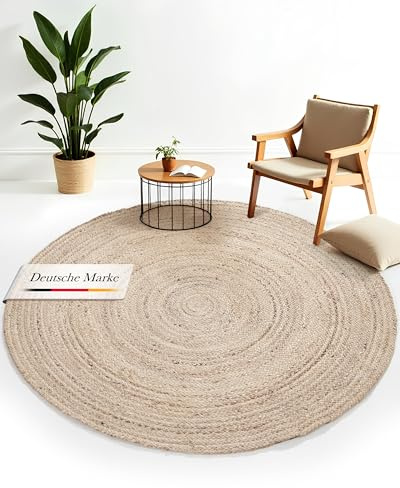 carpetfine Juteteppich Nele Taupe handgewebt aus Jute Rund Ø 60 cm | Moderner Naturteppich Uni im Boho - Style Flachgewebe Teppich für Wohnzimmer und Schlafzimmer