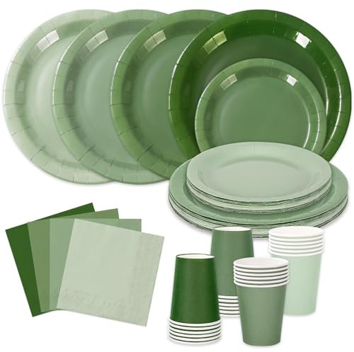 Whaline 96Pcs Sage Green Tableware Set Serves 24 Gradient Green Disposable Dinnerware 24 9 Plates 24 7 Plate 24 9oz Cups 24 Napkins for Wedding Birthday Party Supplies