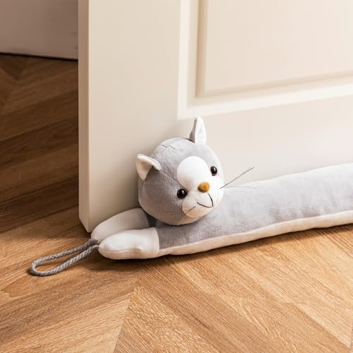 habibee 38'' Door Draft Stopper for Bottom of Door, Avoid Noise or Cold Air, Cute Grey Cat Draft Blocker for Window, Decorative Soundproof with Hanging Loops for Sweet Home, Heavy Duty 2.2 Pounds