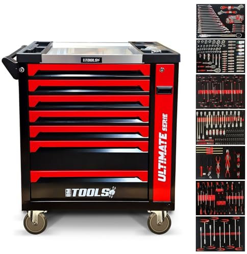 Servante d'atelier BM TOOLS 8-7-ULTIMATE-SERIE - 296 Outils haute qualité inclus, 7/8 tiroirs pleins, Chariot TOOLS, Clé Dynamo