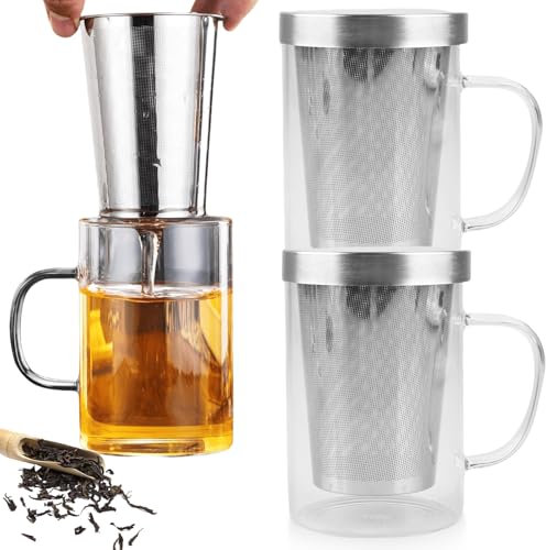GAOUTO Juego de 2 tazas de té con colador, 500 ml, grandes vasos de té con asa y tapa de acero inoxidable, acero inoxidable, color plateado, vasos de té de vidrio de borosilicato, taza de té con tapa