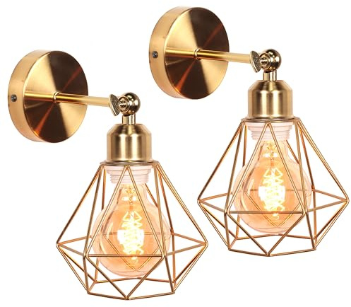 iDEGU 2 Stück Wandleuchten, Vintage Wandlampe Innen im Industrie Design 16cm Käfig Lampenschirm aus Metall Verstellbare Deckenleuchte Wandleuchte für Schlafzimmer Küche Flur Wohnzimmer (Retro-Gold)