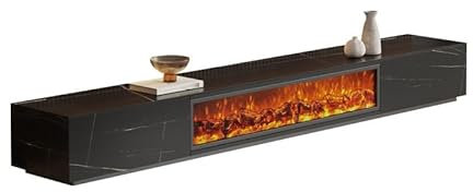 SOBOLON Soporte de TV con chimenea eléctrica con llama realista, brillo ajustable, diseño integrado, encimera de losa de roca, decorativo, fácil de instalar (negro, 200 x 40 x 35 cm)