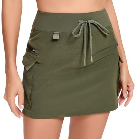 Timuspo cargokjol med byxor trunter sport kort damer ledig sommarkjol kort löpning skorts hög midja luftig, 4 fickor, Armégrön, S