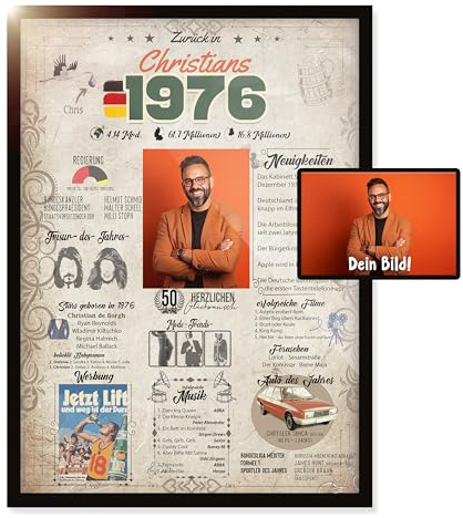 myDreamwork® 1976 – Personalisierbares Geschenk zum 50. Geburtstag – DIN A4 Karte & Deko für Männer & Frauen – Gutschein zum Ausdrucken mit Foto & Text – Männergeschenk & Geburtstagskarte 50