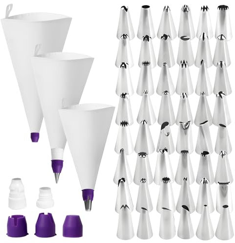 AYSYR Juego de mangas pasteleras y boquillas, kit de tuberías de glaseado de 12/14/16 pulgadas, 3 bolsas reutilizables con 48 boquillas de acero inoxidable, bolsas de glaseado con acoplador, para